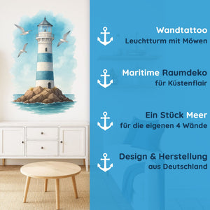 Wandtattoo Leuchtturm Maritim – Buntes Wandbild mit Möwen & Meerblick für Wohnzimmer, Schlafzimmer & Küsten-Deko - Sunnywall - Individualität trifft Design