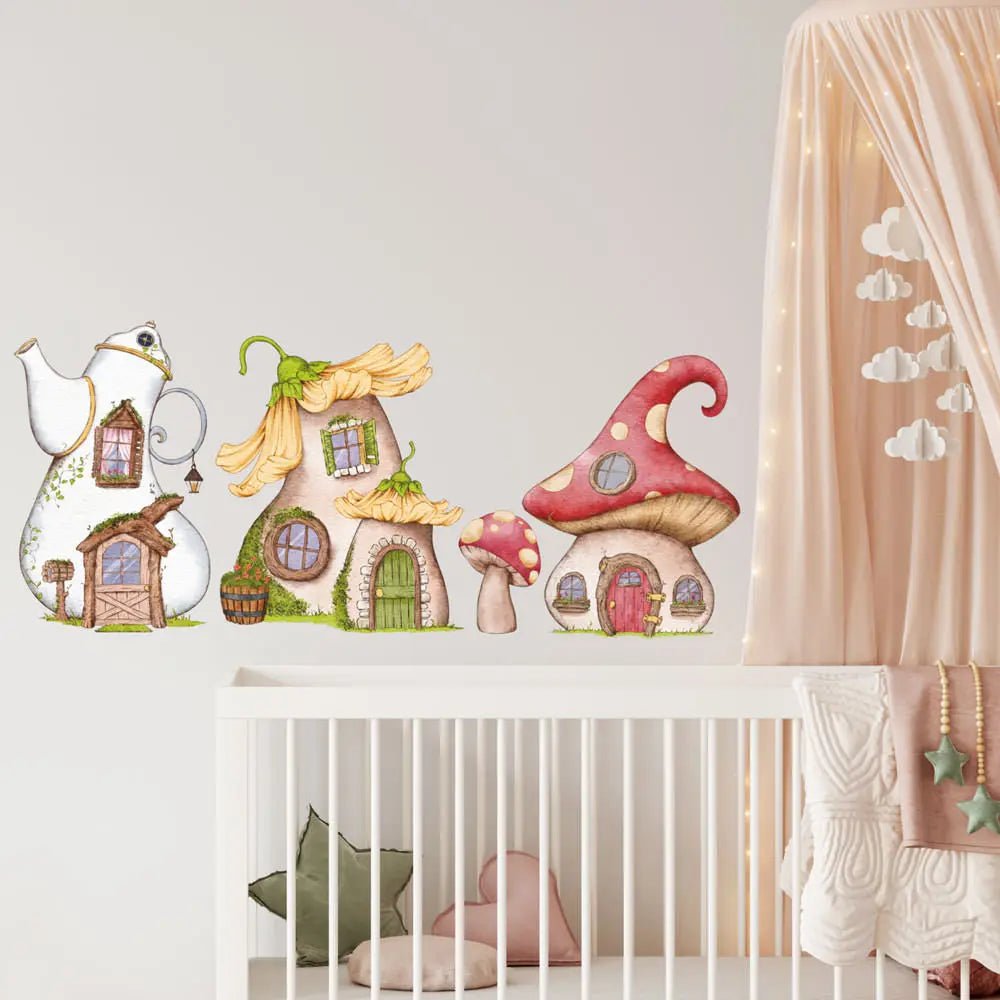 Wandtattoo Mäuse Häuser – Pilz, Stiefel & Teekanne – Wandaufkleber für Kinderzimmer & Babyzimmer - Sunnywall - Individualität trifft Design