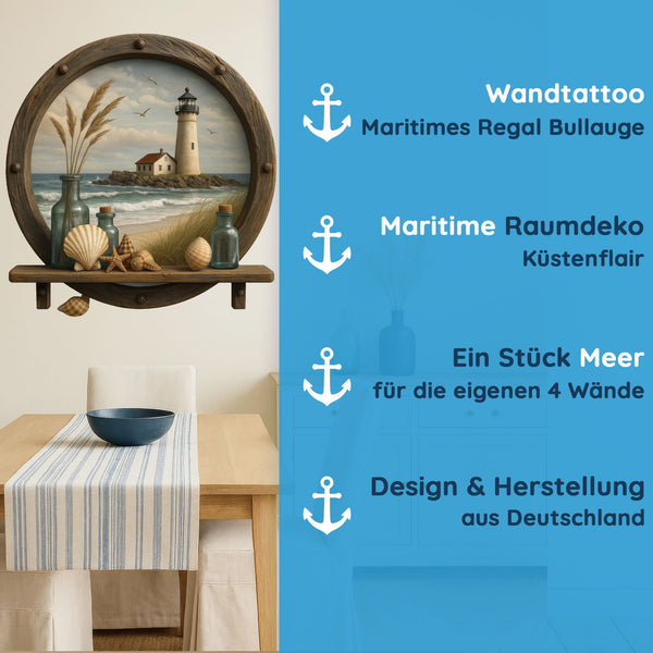 Wandtattoo Maritim Bullauge – Wandsticker mit Leuchtturm & Regal-Optik für Bad, Flur & maritime Dekoration - Sunnywall - Individualität trifft Design