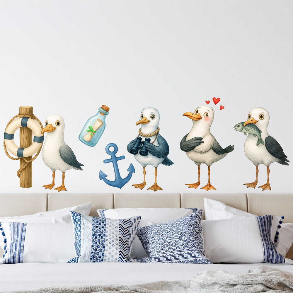 Wandtattoo Maritim – Buntes Möwen Wandsticker Set mit Anker, Rettungsring & Flaschenpost für Kinderzimmer & maritime Wohnräume - Sunnywall - Individualität trifft Design