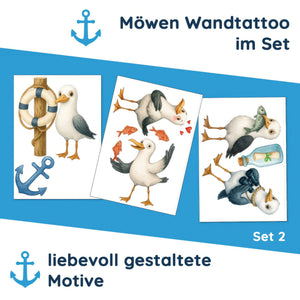 Wandtattoo Maritim – Buntes Möwen Wandsticker Set mit Anker, Rettungsring & Flaschenpost für Kinderzimmer & maritime Wohnräume - Sunnywall - Individualität trifft Design