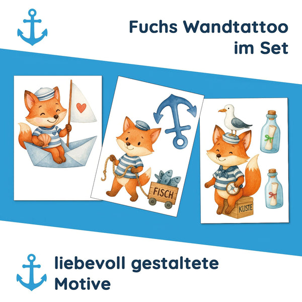Wandtattoo Maritim Fuchs – Buntes Wandsticker Set mit Papierboot, Fischwagen & Anker für Kinderzimmer & maritime Dekoration - Sunnywall - Individualität trifft Design
