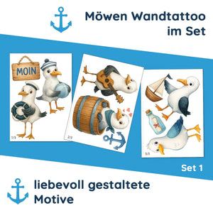 Wandtattoo Maritim Möwen – Buntes Wandsticker Set mit Anker, Flasche, Gitarre & Segelboot für Kinderzimmer - Sunnywall - Individualität trifft Design