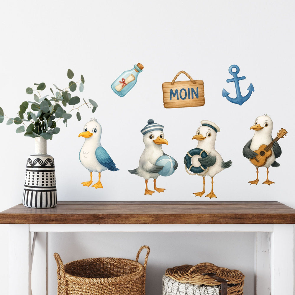 Wandtattoo Maritim Möwen – Buntes Wandsticker Set mit Anker, Flasche, Gitarre & Segelboot für Kinderzimmer - Sunnywall - Individualität trifft Design