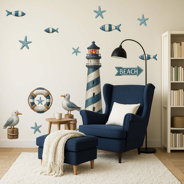 Wandtattoo Maritim Set – Leuchtturm, Anker, Möwen & Seesterne als maritime Wanddeko - Sunnywall - Individualität trifft Design