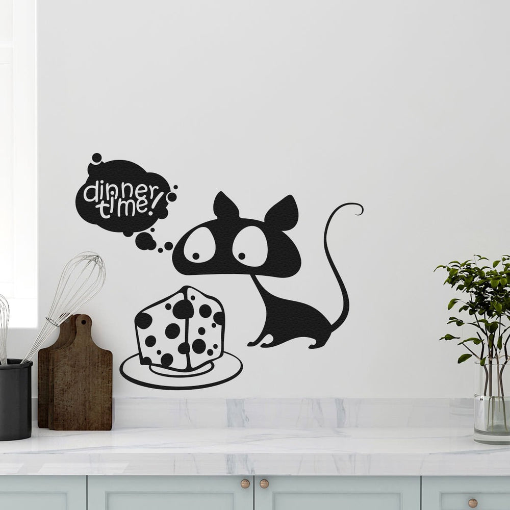 Wandtattoo Maus mit Käsestück – Niedliche Maus mit Gedankenblase „Dinner Time“ | Lustiger Wandaufkleber für Küche & Essbereich - Sunnywall - Individualität trifft Design