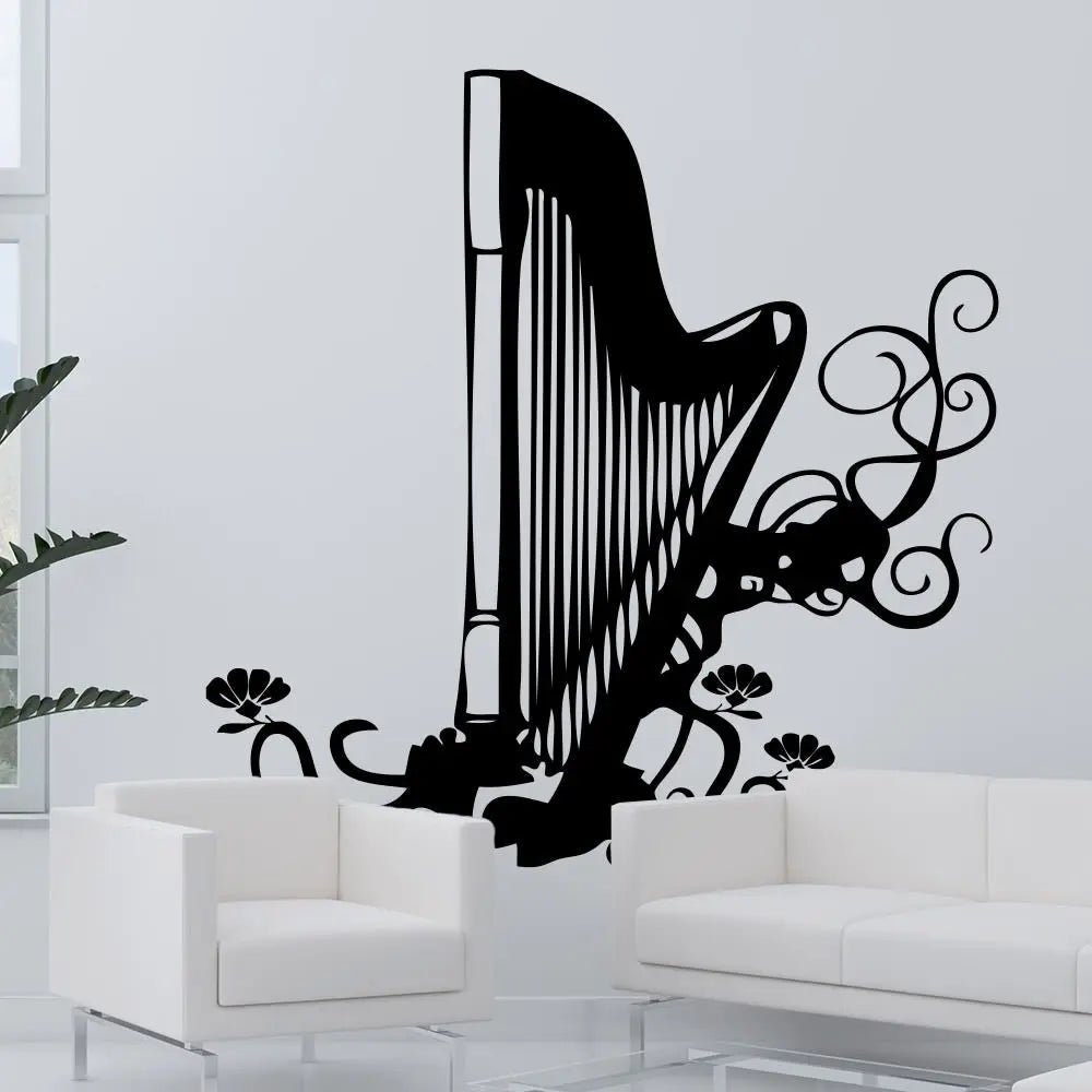 Wandtattoo Musik Harfe mit Blumen Ornament für Wohnzimmer & Musikzimmer - Sunnywall - Individualität trifft Design