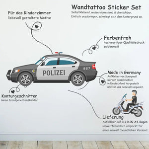 Wandtattoo Polizei Fahrzeuge Kinderzimmer Wandaufkleber Set – SEK, Helikopter & Streifenwagen - Sunnywall - Individualität trifft Design