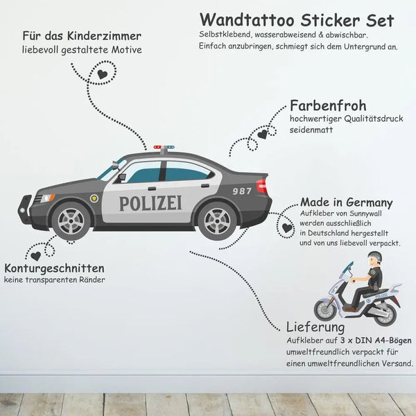 Wandtattoo Polizei Fahrzeuge Kinderzimmer Wandaufkleber Set – SEK, Helikopter & Streifenwagen - Sunnywall - Individualität trifft Design