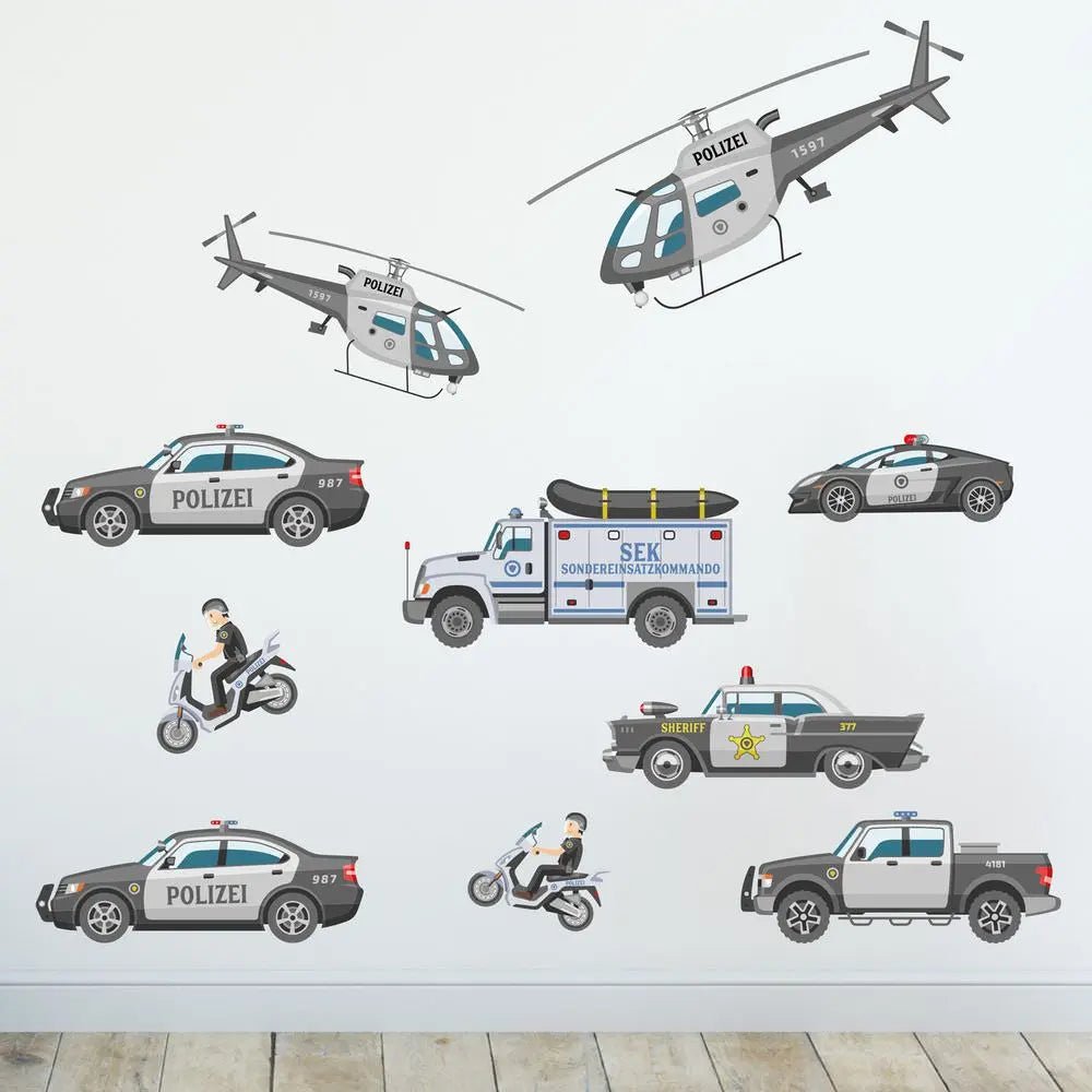 Wandtattoo Polizei Fahrzeuge Kinderzimmer Wandaufkleber Set – SEK, Helikopter & Streifenwagen - Sunnywall - Individualität trifft Design