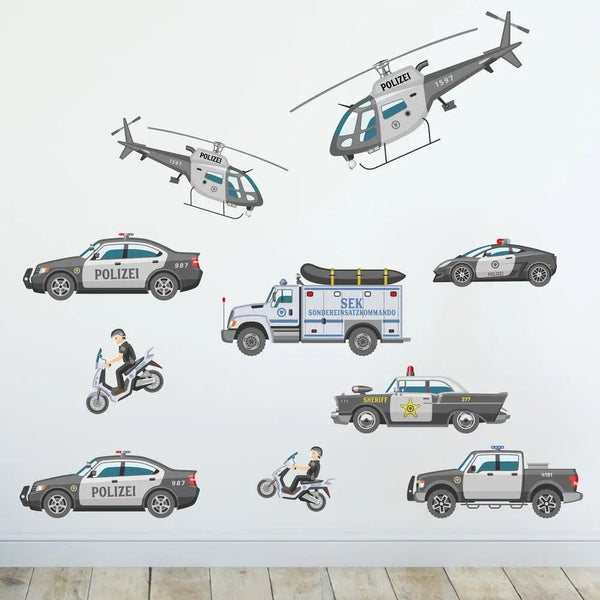 Wandtattoo Polizei Fahrzeuge Kinderzimmer Wandaufkleber Set – SEK, Helikopter & Streifenwagen - Sunnywall - Individualität trifft Design