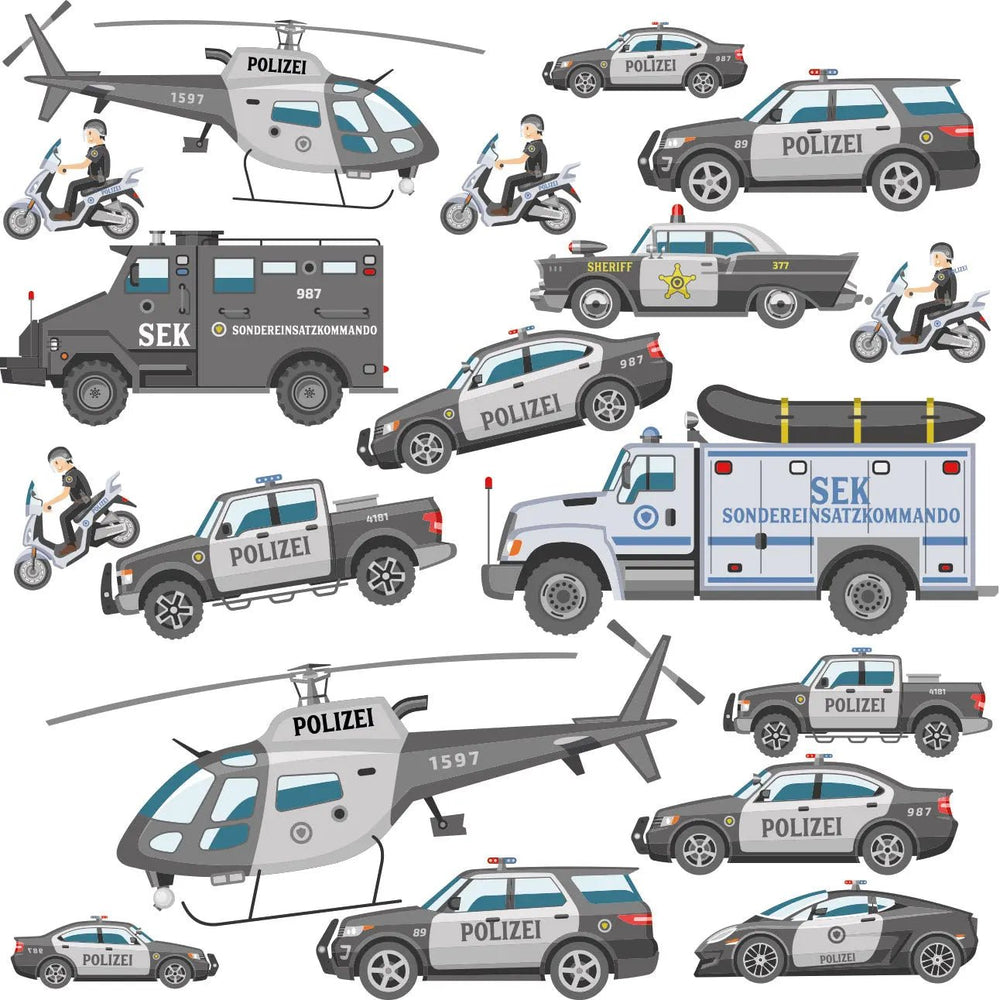 Wandtattoo Polizei Kinderzimmer – XXL Set mit Einsatzfahrzeugen & Hubschrauber - Sunnywall - Individualität trifft Design