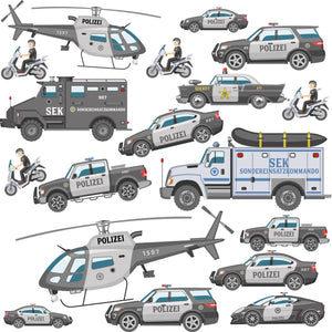 Wandtattoo Polizei Kinderzimmer – XXL Set mit Einsatzfahrzeugen & Hubschrauber - Sunnywall - Individualität trifft Design