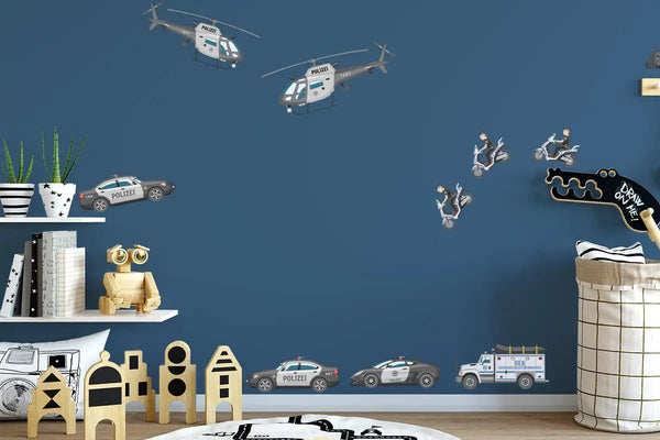 Wandtattoo Polizei Kinderzimmer – XXL Set mit Einsatzfahrzeugen & Hubschrauber - Sunnywall - Individualität trifft Design