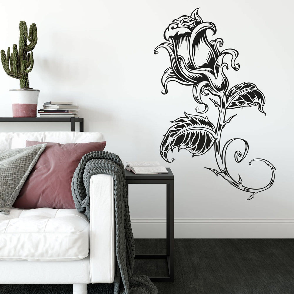 Wandtattoo Rose Stilisiert – Elegante Einzelblüte mit Stiel & Blättern - Sunnywall - Individualität trifft Design