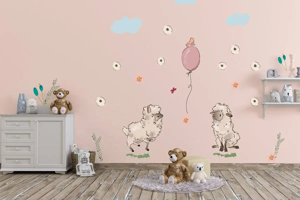 Wandtattoo Schaf Kinderzimmer – Niedliches Set mit Blumen & Wolken - Sunnywall - Individualität trifft Design