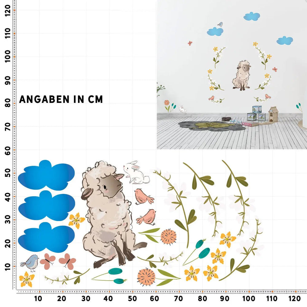 Wandtattoo Schaf Kinderzimmer – Süßes Blumenwiesen-Set mit Lamm und Naturmotiven - Sunnywall - Individualität trifft Design