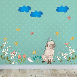 Wandtattoo Schaf Kinderzimmer – Süßes Blumenwiesen-Set mit Lamm und Naturmotiven - Sunnywall - Individualität trifft Design