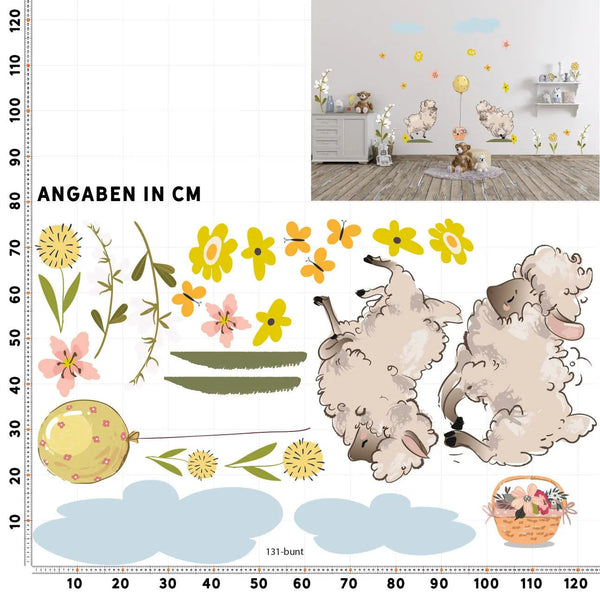 Wandtattoo Schaf Kinderzimmer – Verspieltes Lamm auf bunter Blumenwiese - Sunnywall - Individualität trifft Design