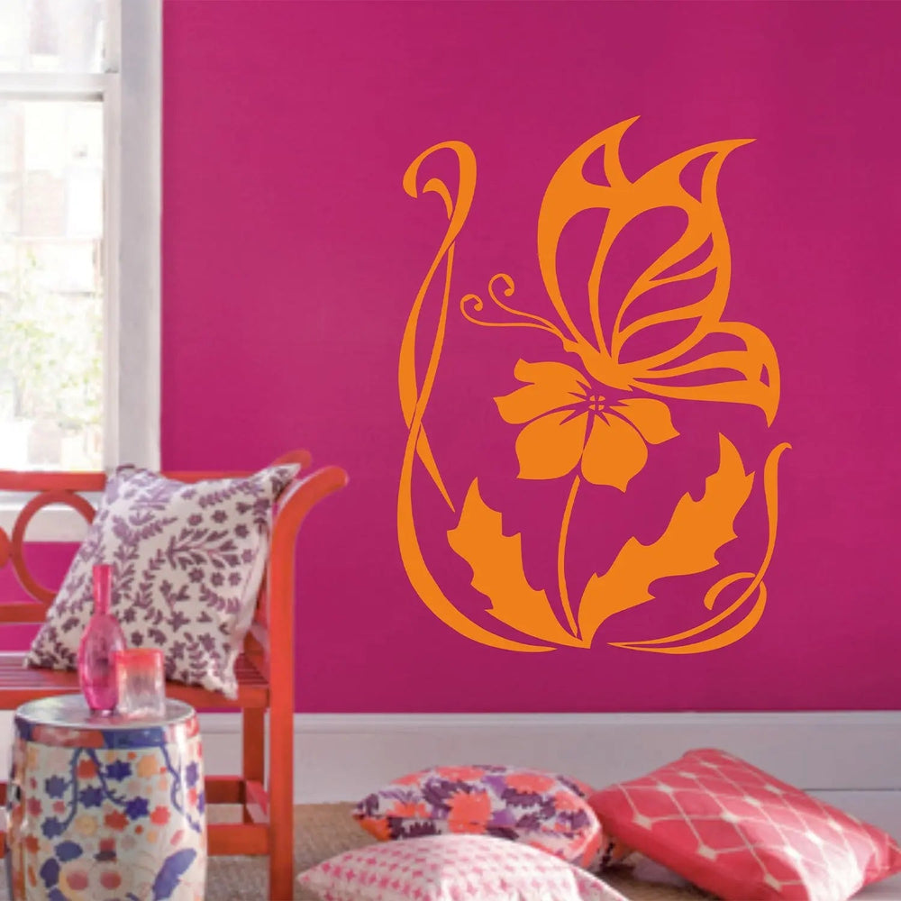 Wandtattoo Schmetterling mit Blume Ornamentale Wanddeko für Wohnzimmer - Sunnywall - Individualität trifft Design
