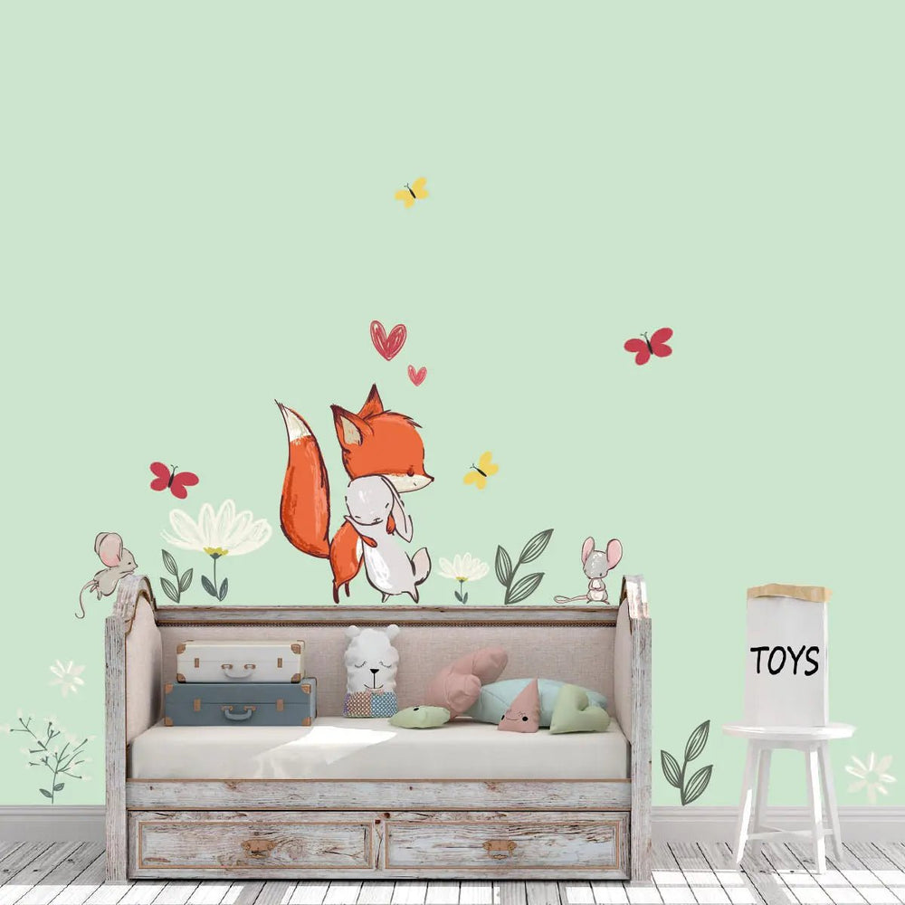 Wandtattoo Set Fuchs & Hase Maus Blumen Schmetterling - Kinderzimmer Aufkleber bunt Wanddeko - Sunnywall - Individualität trifft Design