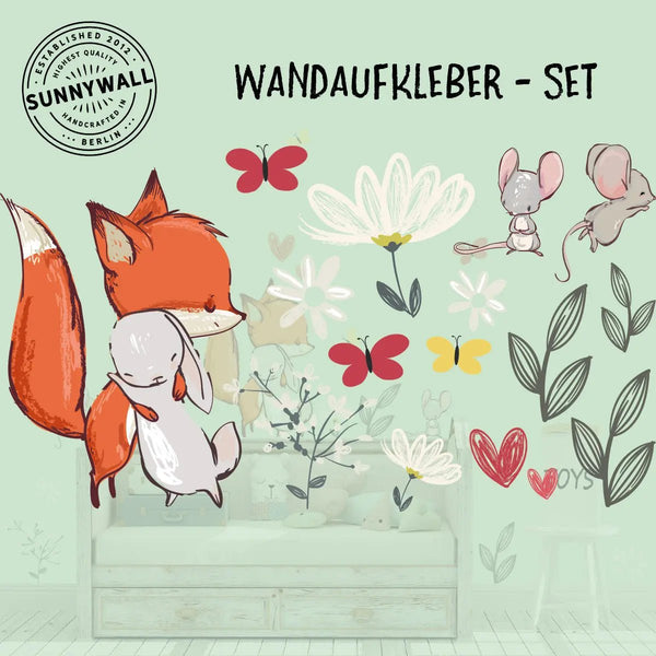 Wandtattoo Set Fuchs & Hase Maus Blumen Schmetterling - Kinderzimmer Aufkleber bunt Wanddeko - Sunnywall - Individualität trifft Design