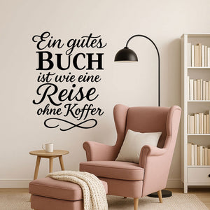 Wandtattoo Spruch Bücher – „Ein gutes Buch ist wie eine Reise ohne Koffer“ - Sunnywall - Individualität trifft Design