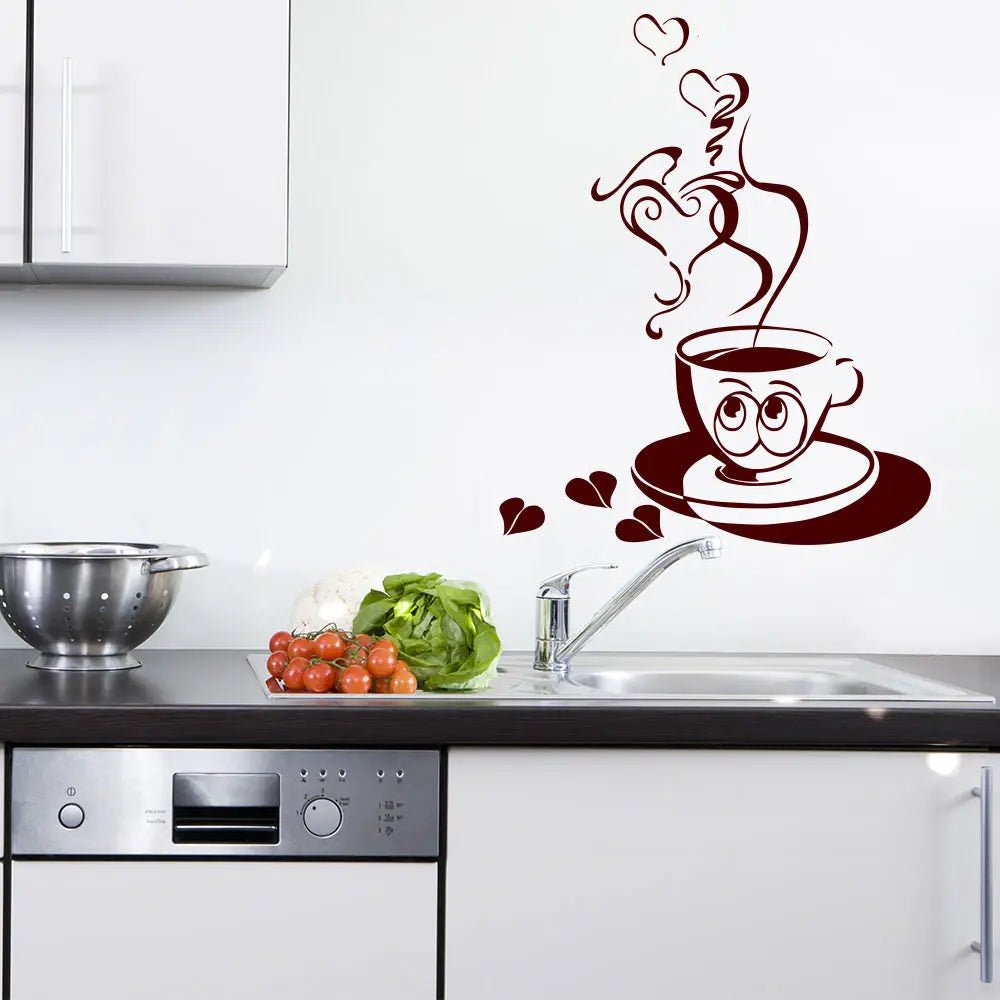 Wandtattoo Tasse mit Herz – Niedliches Kaffeemotiv mit Herzdampf & Glubschaugen - Sunnywall - Individualität trifft Design