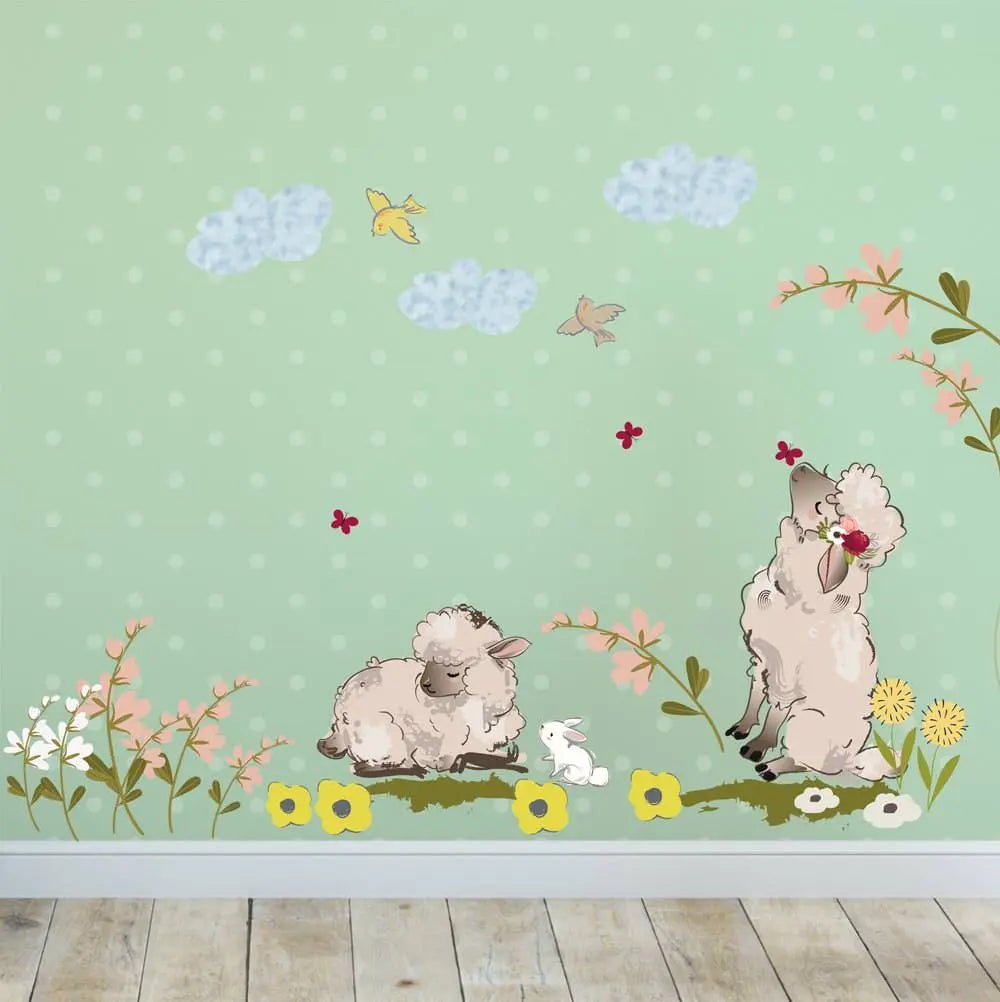 Wandtattoo Verliebte Schafe auf Blumenfeld Aufkleber für das Kinderzimmer - Sunnywall - Individualität trifft Design