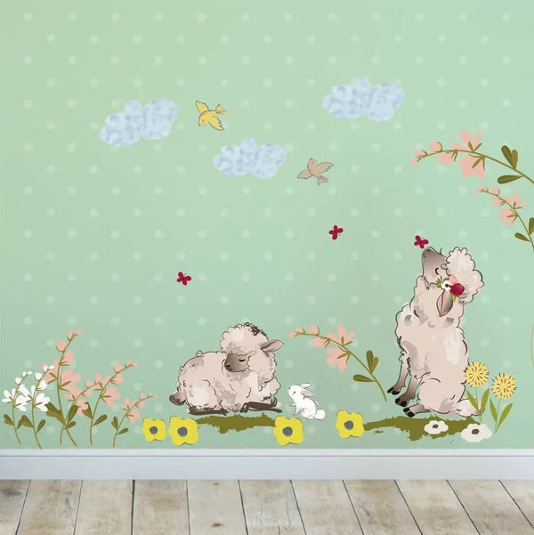 Wandtattoo Verliebte Schafe auf Blumenfeld Aufkleber für das Kinderzimmer - Sunnywall - Individualität trifft Design