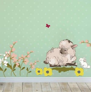 Wandtattoo Verliebte Schafe auf Blumenfeld Aufkleber für das Kinderzimmer - Sunnywall - Individualität trifft Design
