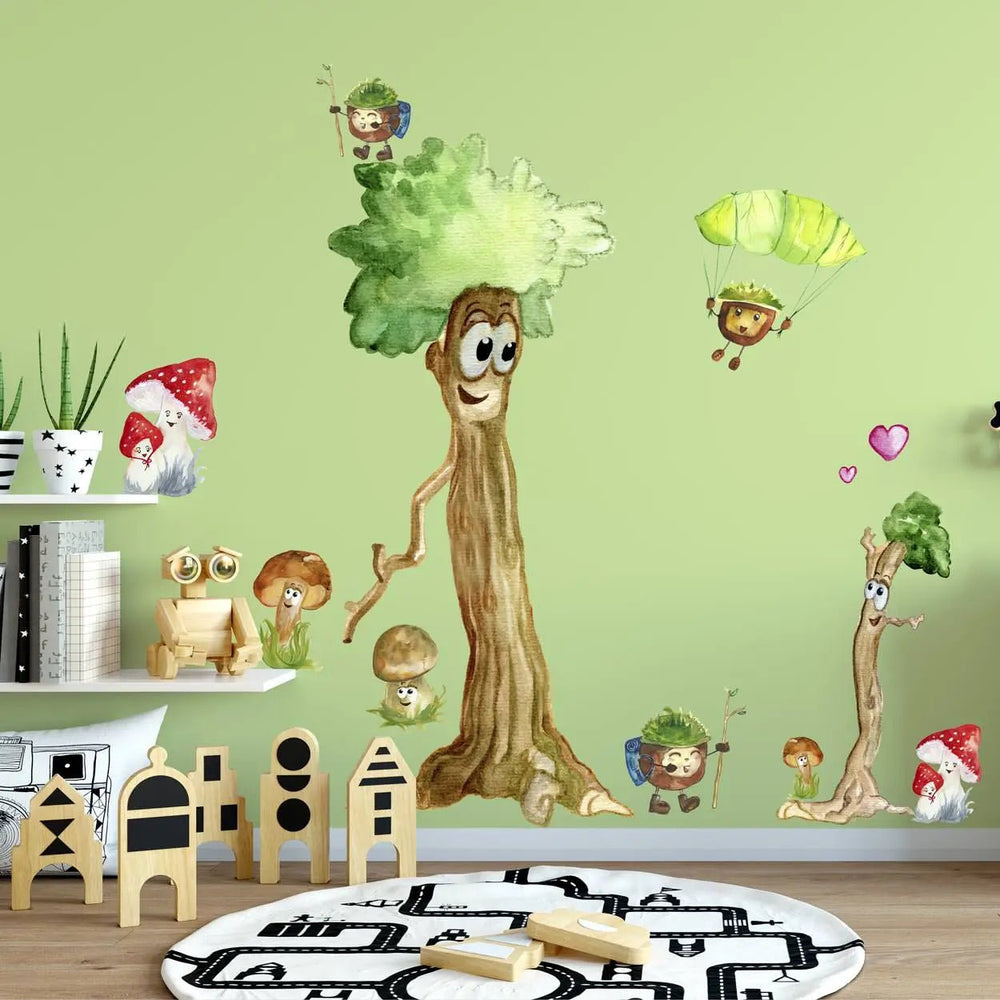Wandtattoo Waldfreunde Kinderzimmer – XXL Set mit Baum, Pilzen & Kastanien-Abenteurern - Sunnywall - Individualität trifft Design