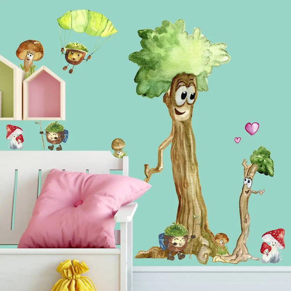 Wandtattoo Waldfreunde Kinderzimmer – XXL Set mit Baum, Pilzen & Kastanien-Abenteurern - Sunnywall - Individualität trifft Design