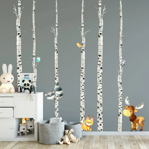 Wandtattoo Waldtiere Kinderzimmer – XXL Birken-Set mit Elch, Fuchs & Igel - Sunnywall - Individualität trifft Design