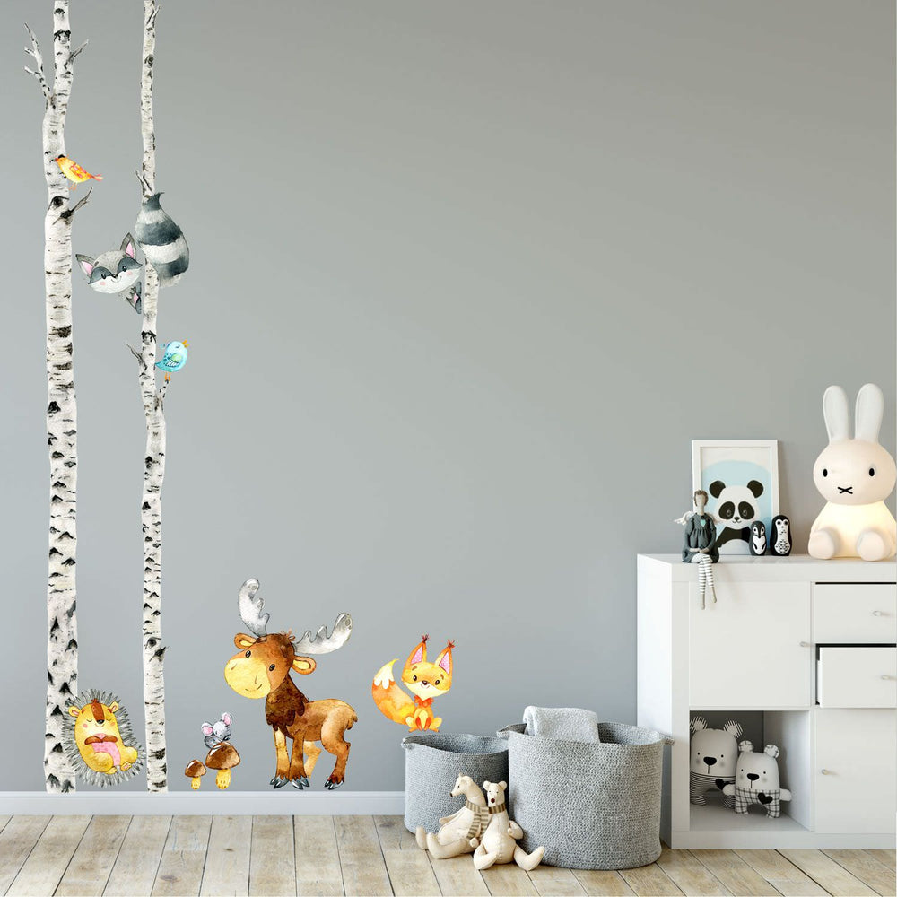 Wandtattoo Waldtiere Kinderzimmer – XXL Birken-Set mit Elch, Fuchs & Igel - Sunnywall - Individualität trifft Design