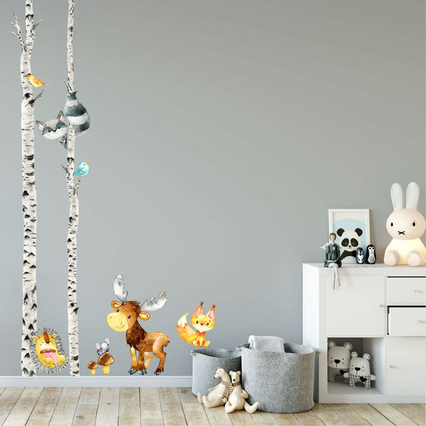 Wandtattoo Waldtiere Kinderzimmer – XXL Birken-Set mit Elch, Fuchs & Igel - Sunnywall - Individualität trifft Design