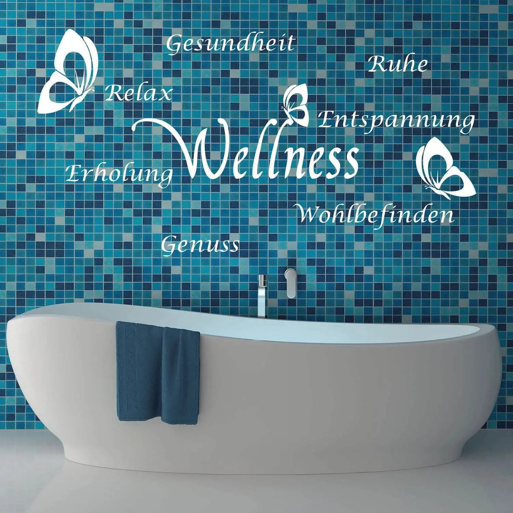Wandtattoo Wellness Bad – Schmetterlingsmotiv aus Worten wie Ruhe, Erholung & Genuss - Sunnywall - Individualität trifft Design
