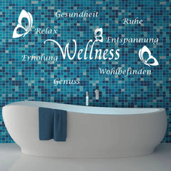 Wandtattoo Wellness Bad – Schmetterlingsmotiv aus Worten wie Ruhe, Erholung & Genuss - Sunnywall - Individualität trifft Design