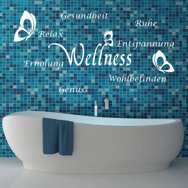 Wandtattoo Wellness Bad – Schmetterlingsmotiv aus Worten wie Ruhe, Erholung & Genuss - Sunnywall - Individualität trifft Design