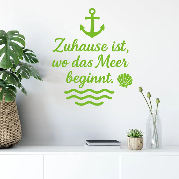 Wandtattoo Zuhause Meer - Zuhause ist wo das Meer beginnt – Maritimer Wandsticker mit Anker, Wellen & Muschel - Sunnywall - Individualität trifft Design