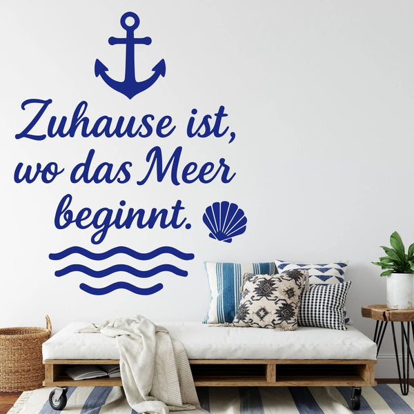 Wandtattoo Zuhause Meer - Zuhause ist wo das Meer beginnt – Maritimer Wandsticker mit Anker, Wellen & Muschel - Sunnywall - Individualität trifft Design