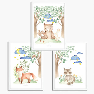 zauberhaftes Waldtiere Posterset Kinderzimmer - A4 - Bilder Kinderzimmer 3er Set Sunnywall