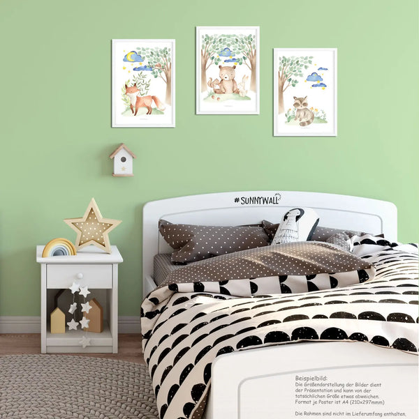 zauberhaftes Waldtiere Posterset Kinderzimmer - A4 - Bilder Kinderzimmer 3er Set Sunnywall