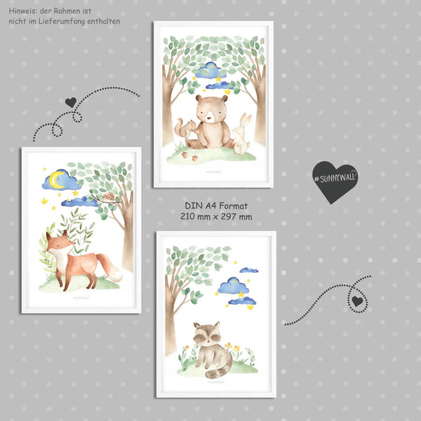 zauberhaftes Waldtiere Posterset Kinderzimmer - A4 - Bilder Kinderzimmer 3er Set Sunnywall